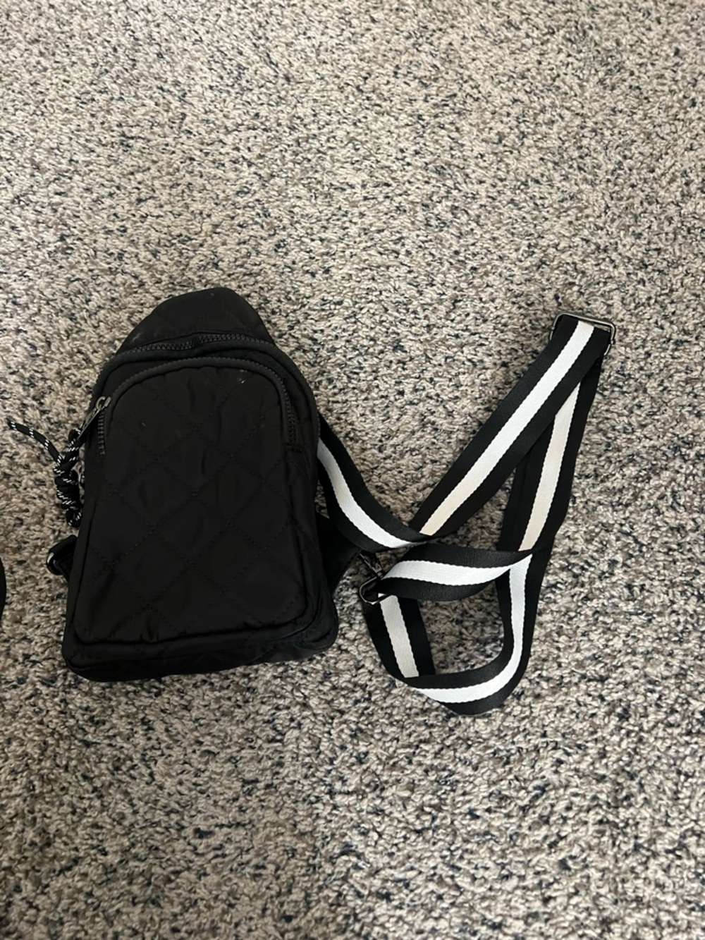 Vici Black Quilted Crossbody with Black-and-White Striped Strap